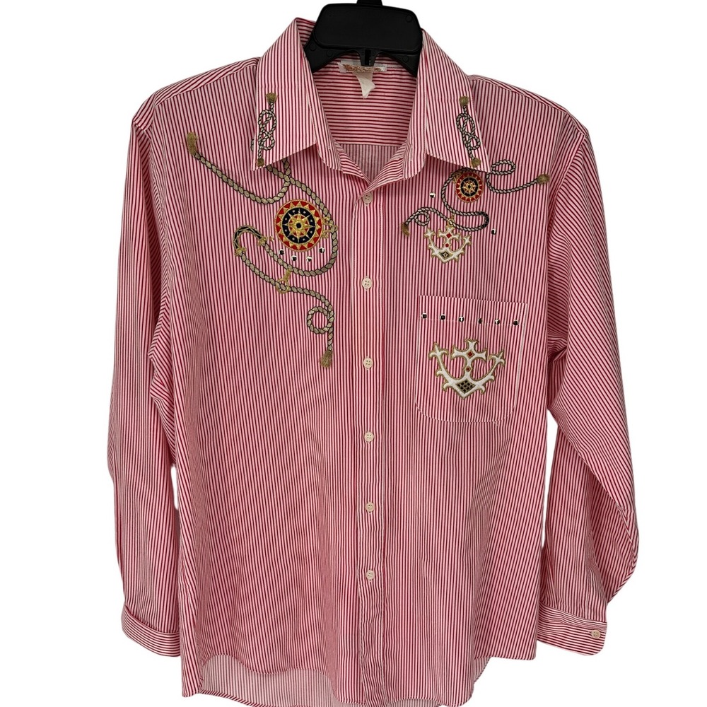 Tia Designs Women's L Red White Stripe Nautical Anchor Embroidered‎ Shrt Top